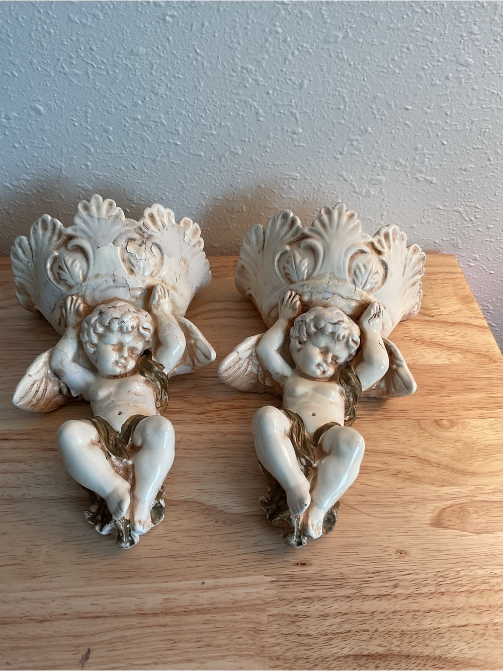 Antique Cherub Angel Cupid Chalk ware Wall Sconces Chippy Paint Old Set
